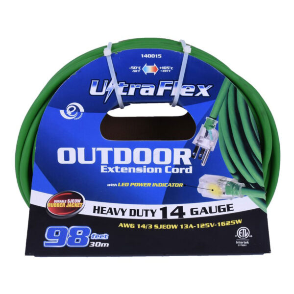EXT CORD 100' SJOW 14/3  SINGLE OUTLET  GREEN