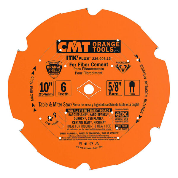 CMT 10" X 5/8" Arbor 6 Tooth Cement Board Blade