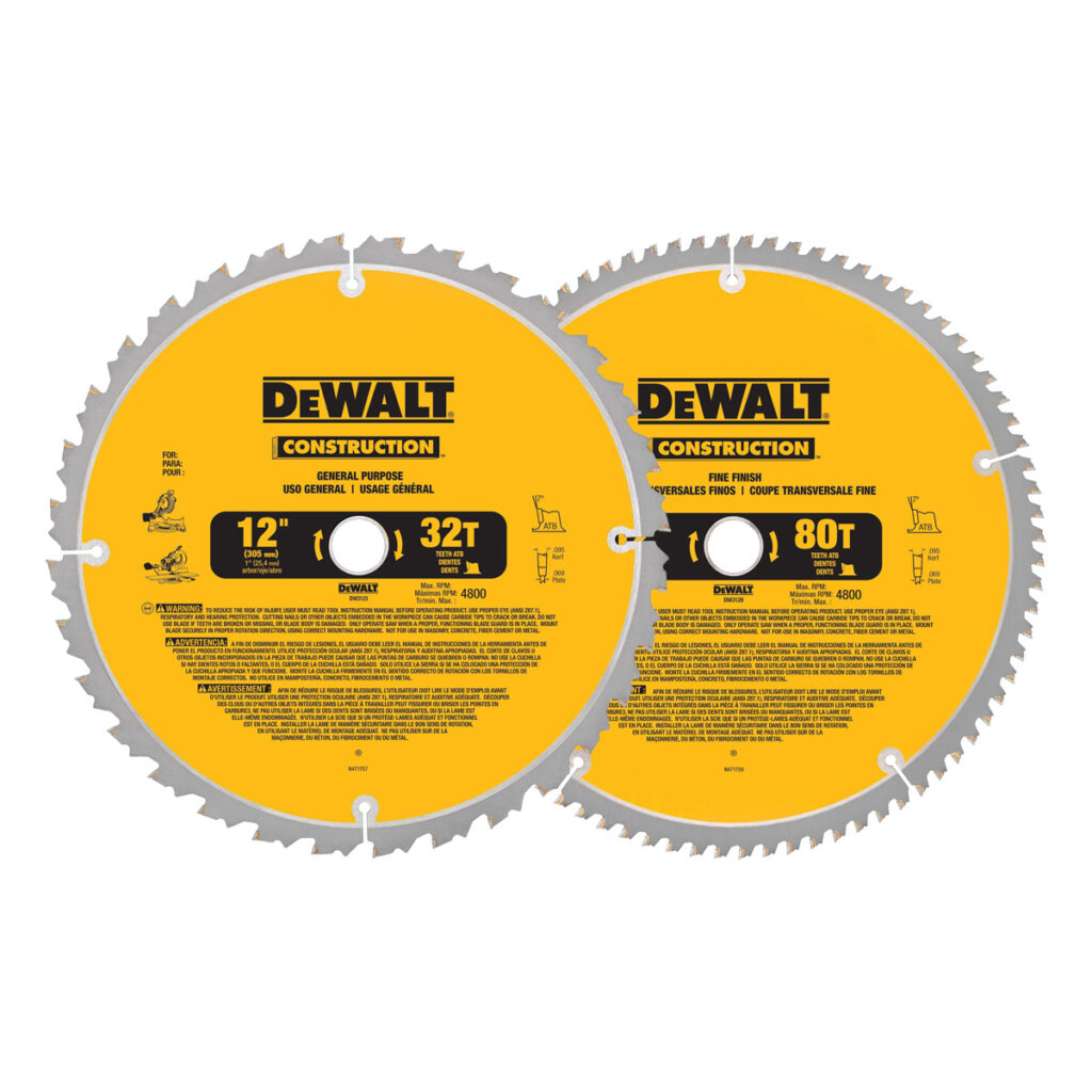 DeWalt 12" Miter Saw Blade, Crosscutting, Tungsten Carbide, 80-Tooth, 2 Pack