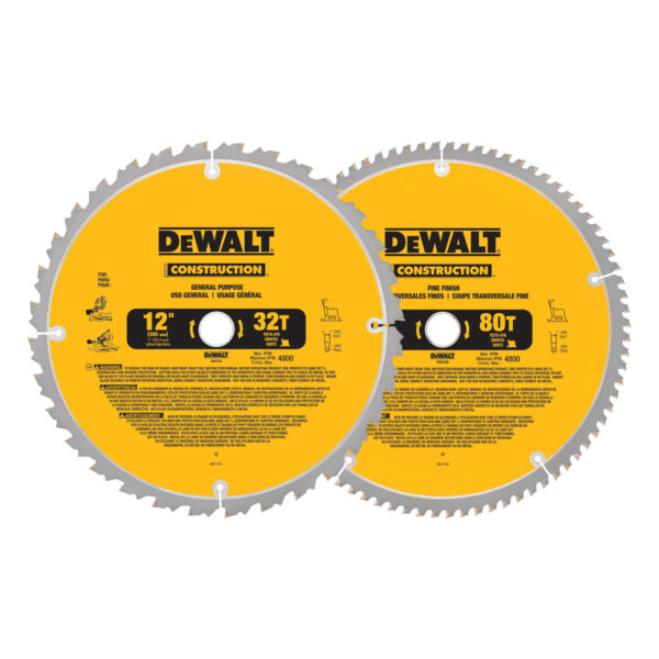 DEWALT 12-Inch Miter Saw Blade, Crosscutting, Tungsten Carbide, 80-Tooth, 2-Pack