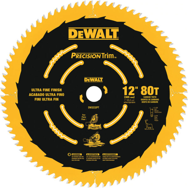 DEWALT 12-Inch Miter Saw Blade, Precision Trim, Atb, Crosscutting, 1-Inch Arbor, Tough Coat Finish, 80-Tooth
