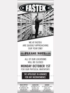 Fastek Inventory Day! Closed Oct 1 2018 Monday